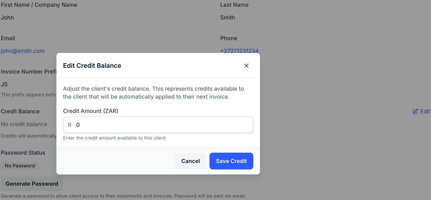 client credit balance modal