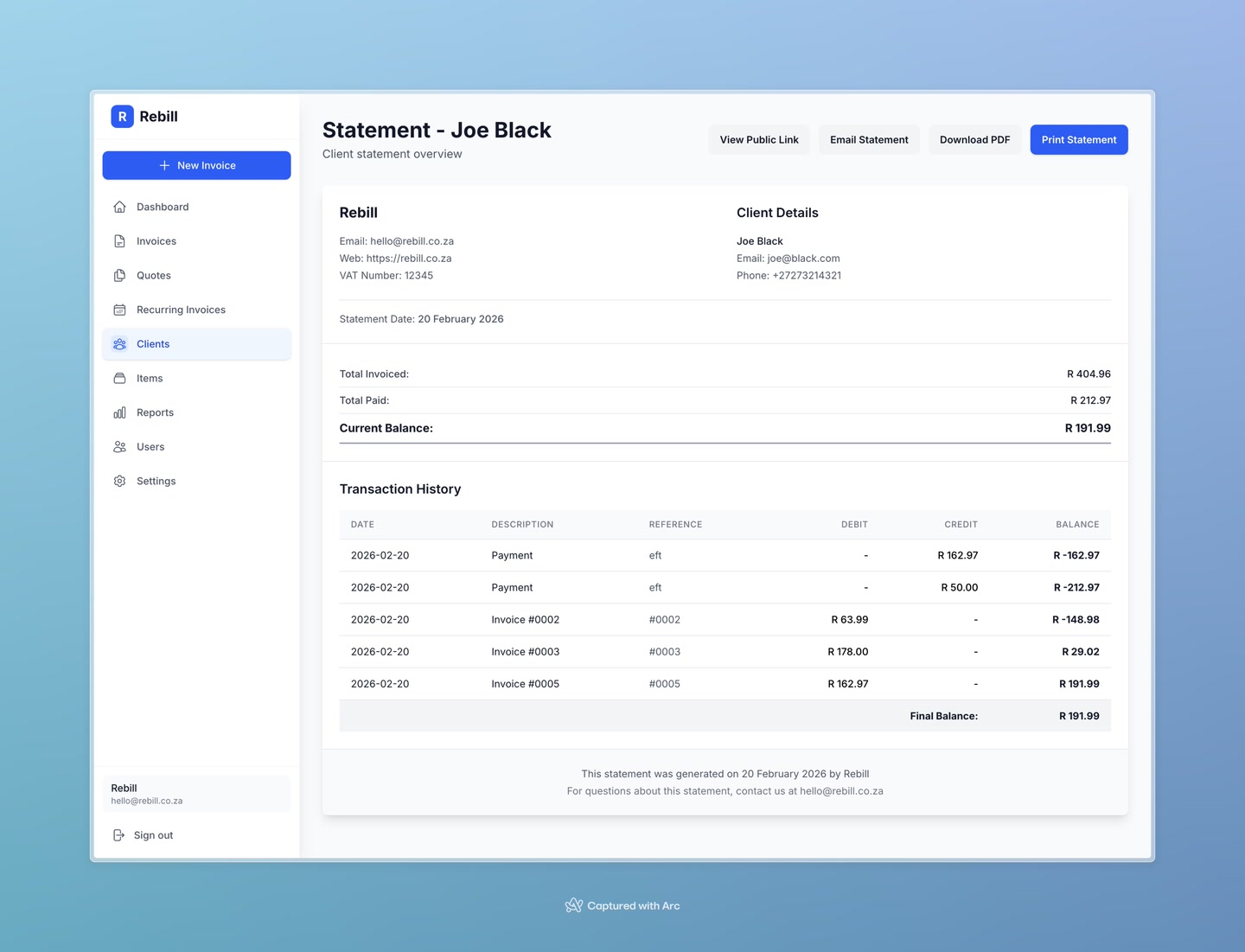 client full statement