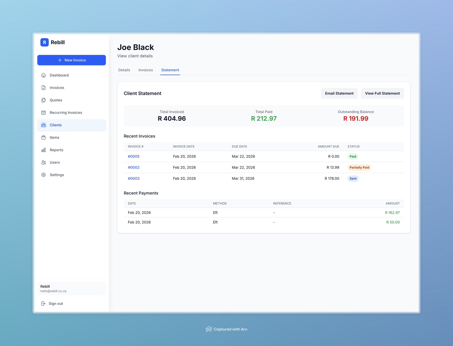 client statement tab
