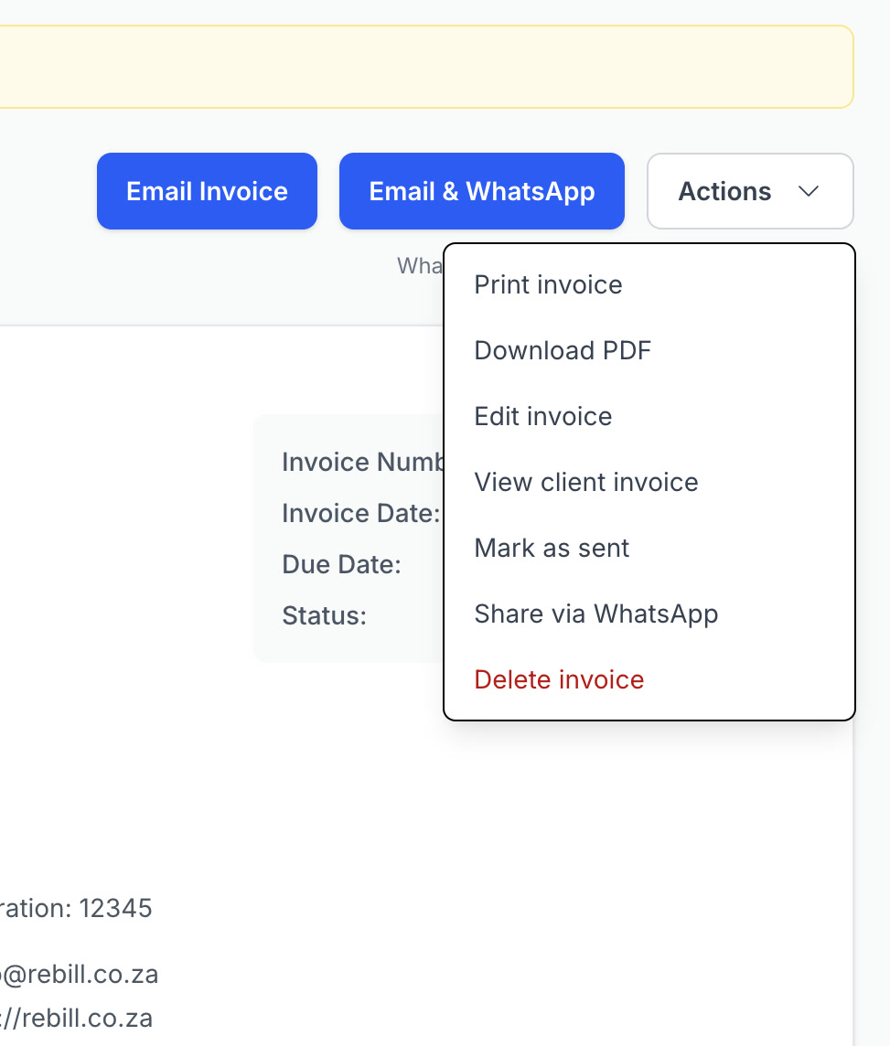 Invoice actions dropdown showing all sending and sharing options