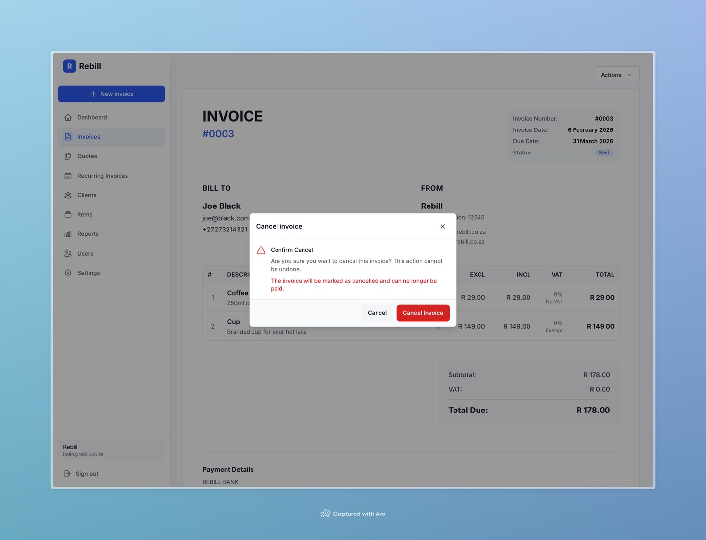invoice cancel modal