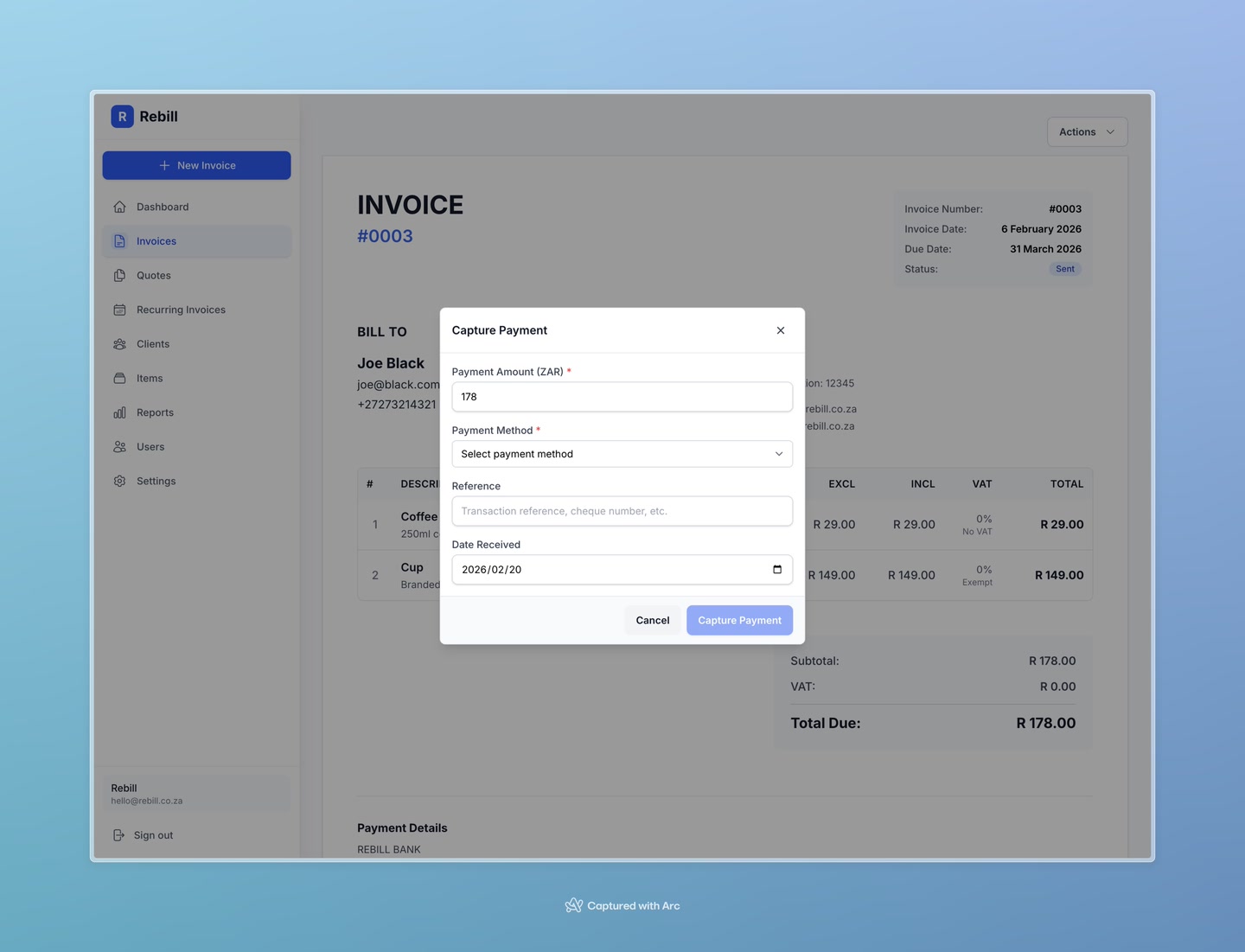 invoice capture payment save