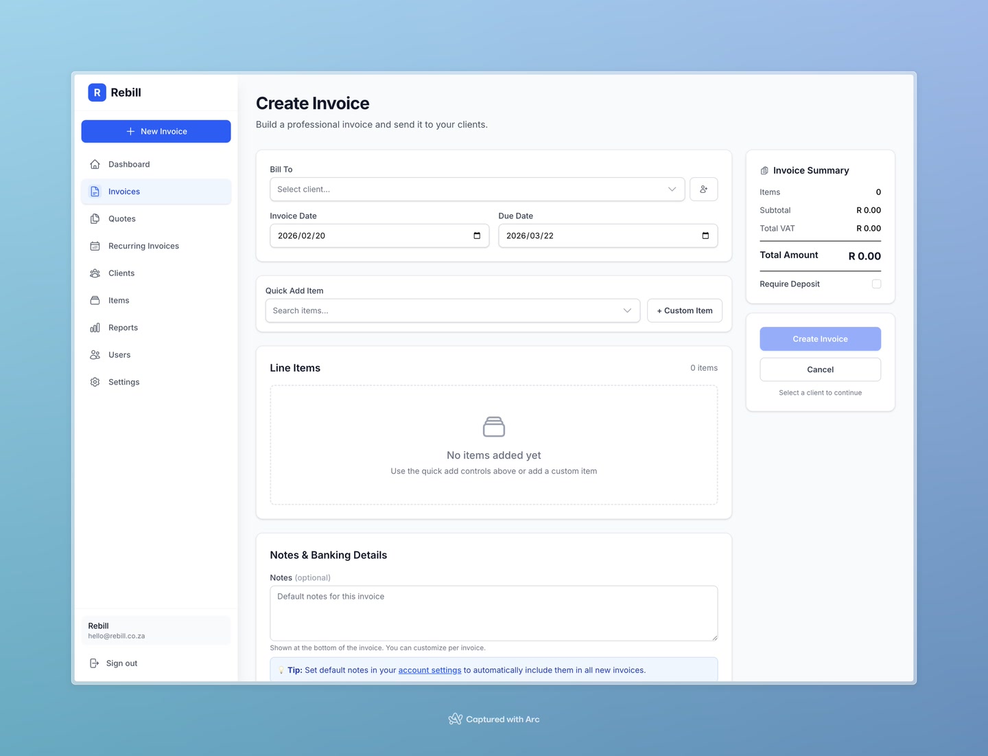 invoice form client selector