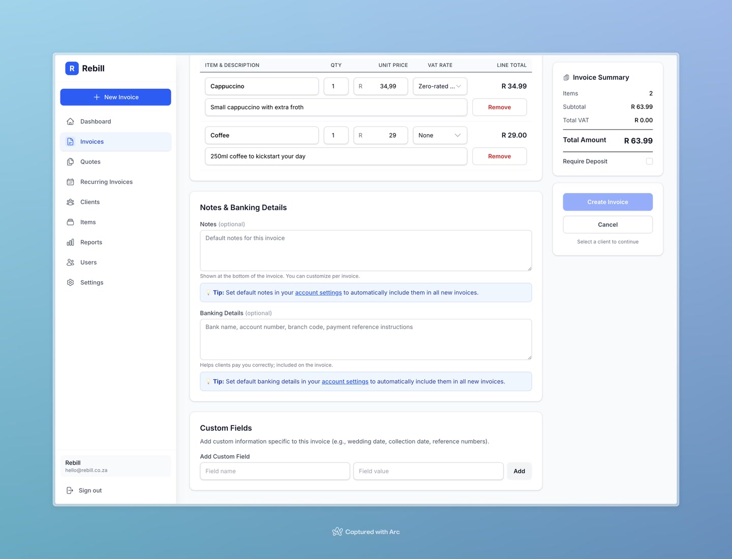 invoice form save button