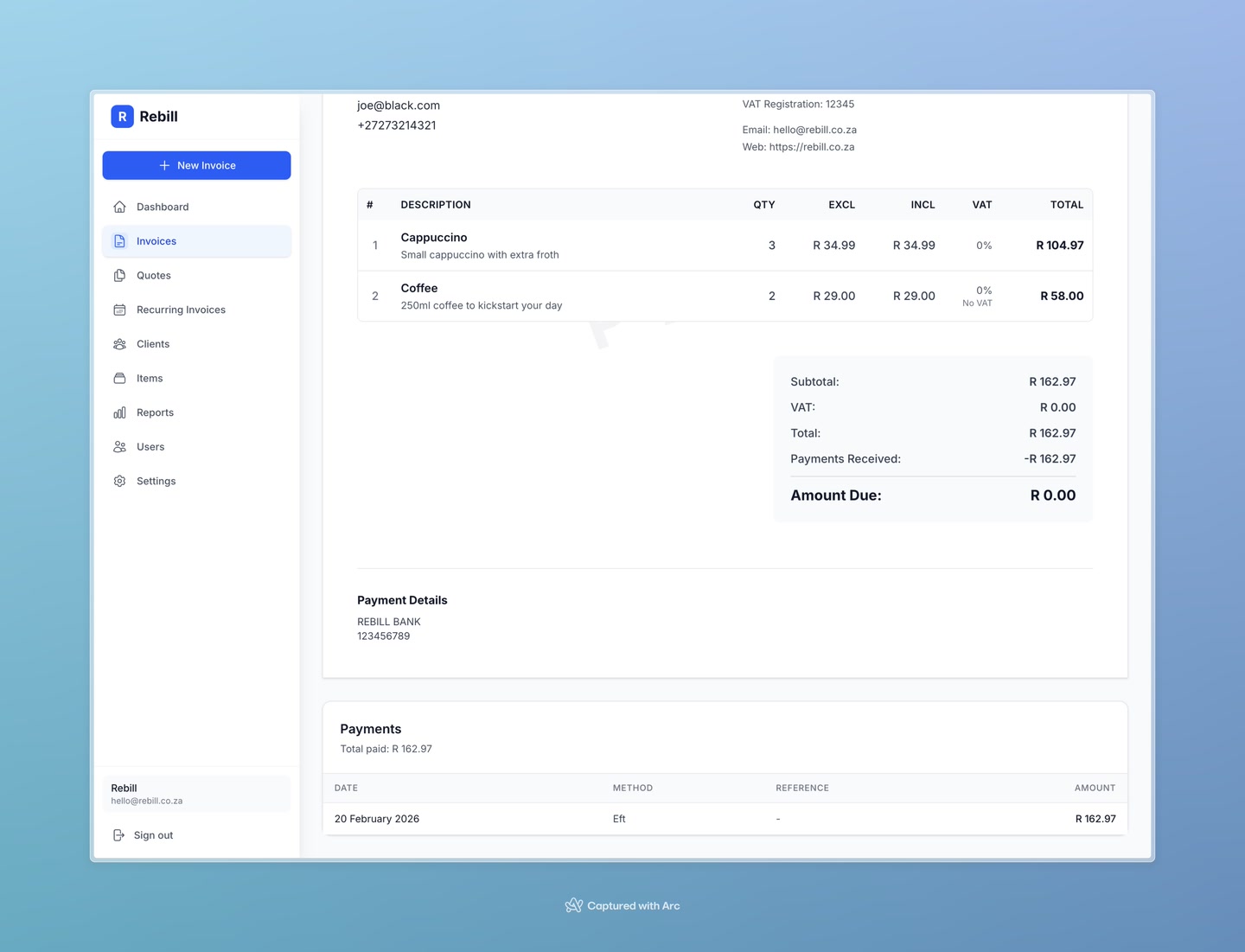 Payments section below an invoice showing recorded payment rows