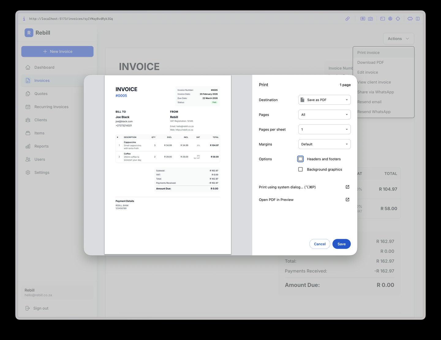 invoice print option