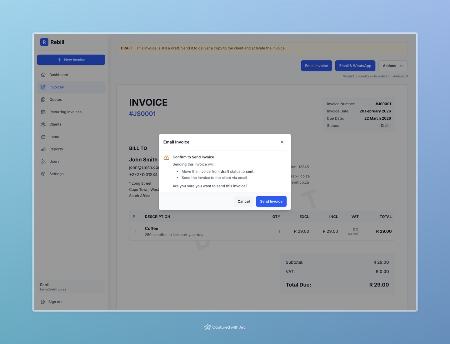 invoice send email modal