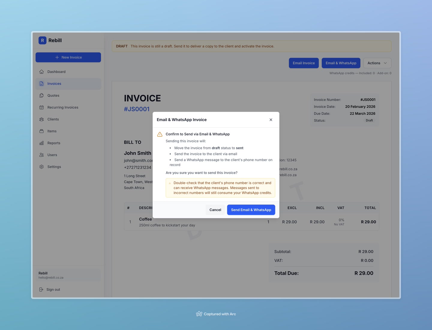 invoice send whatsapp modal