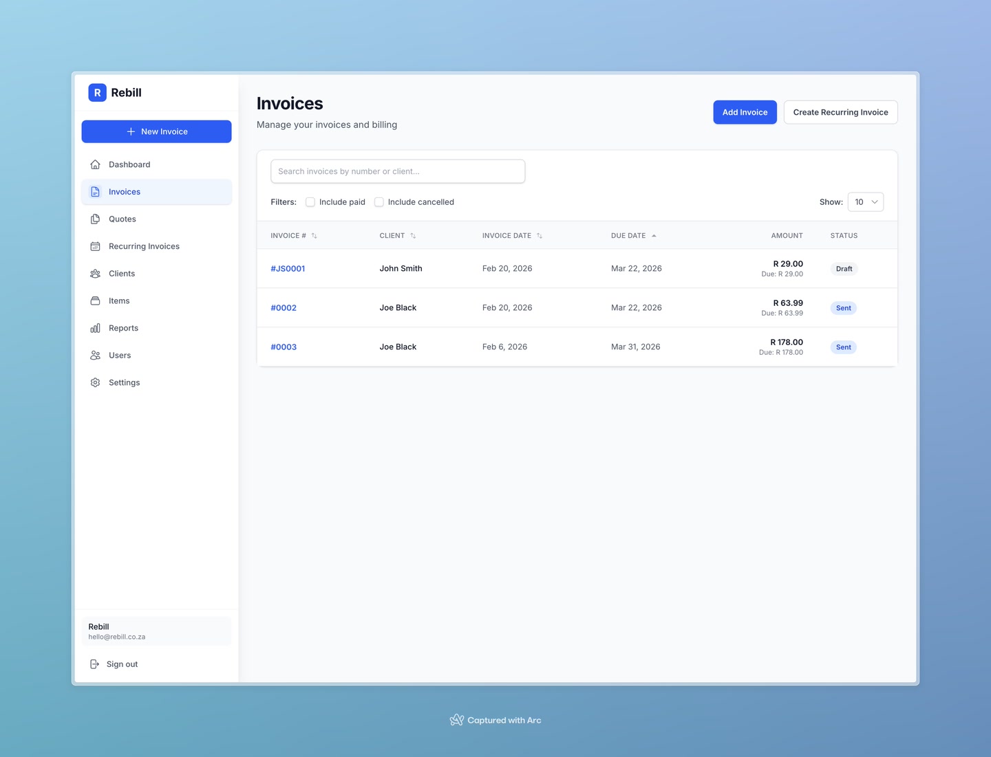 invoices list add button