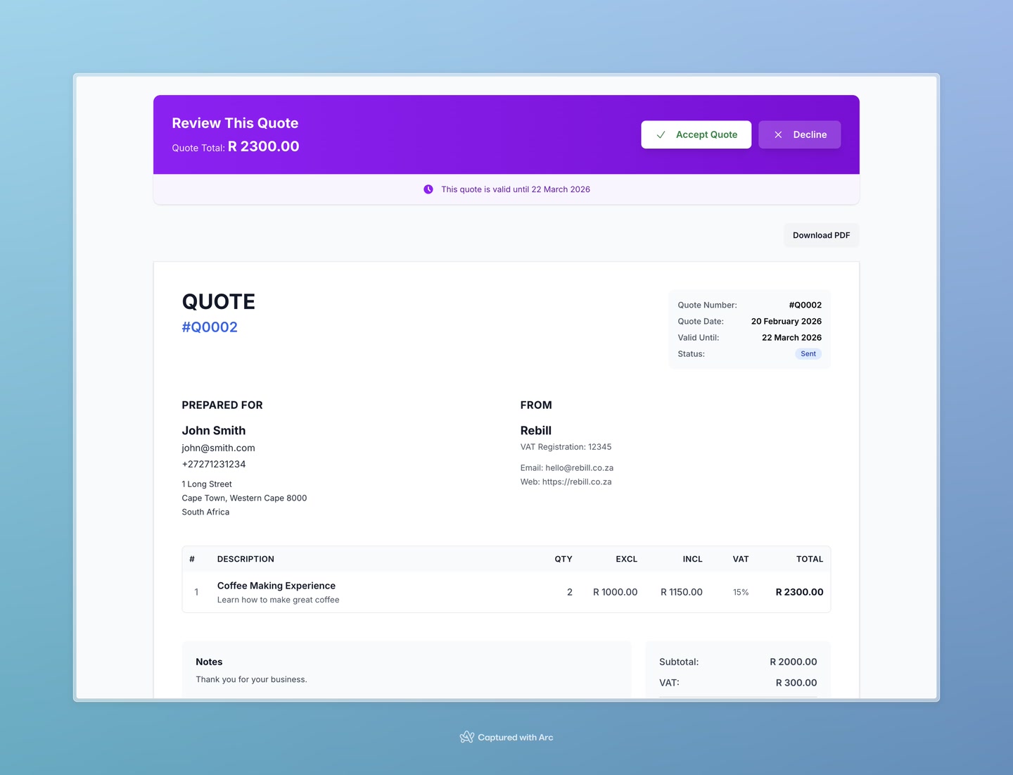 Public quote view showing Accept and Decline buttons at the bottom