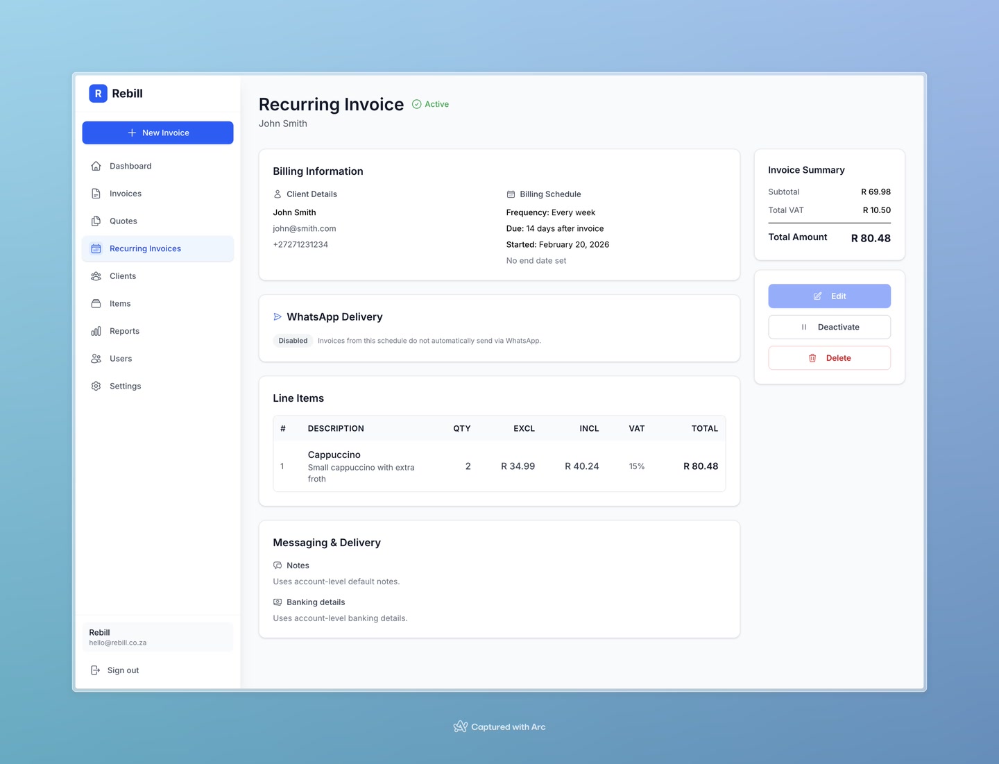 recurring deactivate button