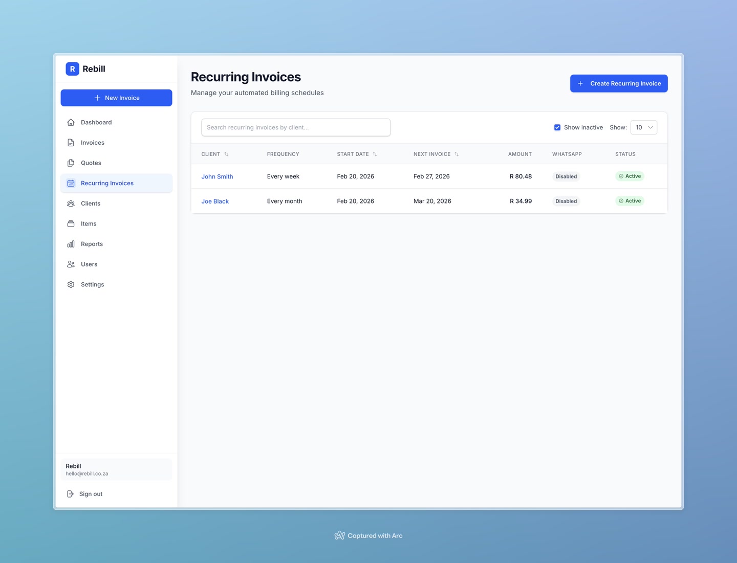 recurring invoices list