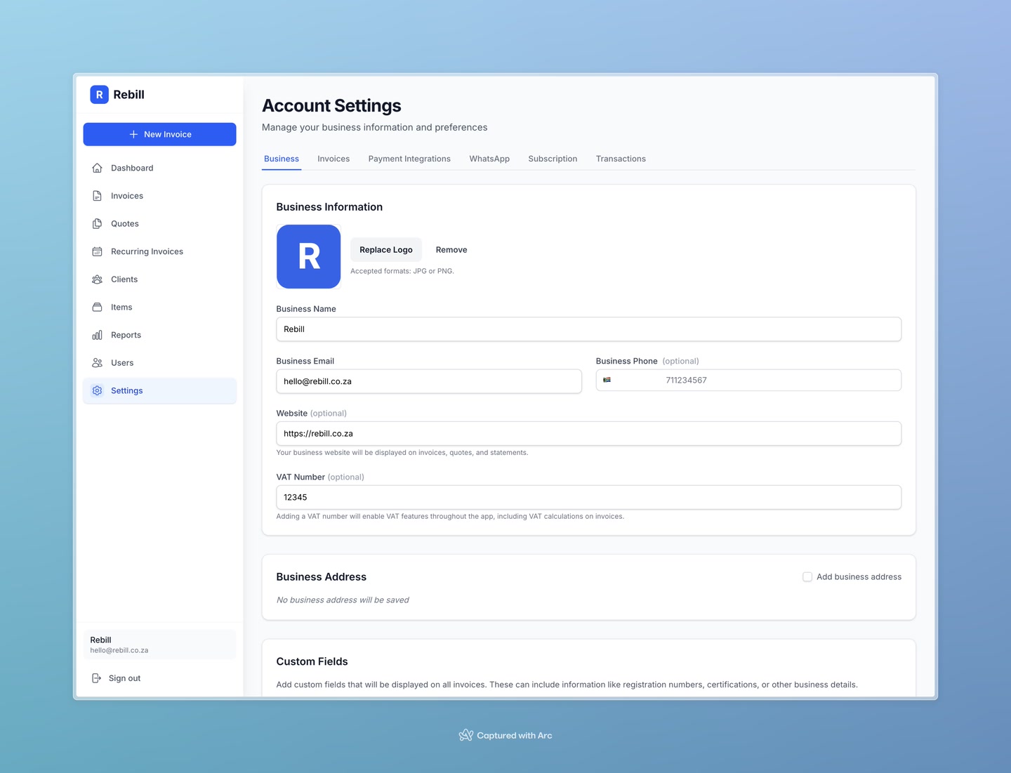 settings business tab