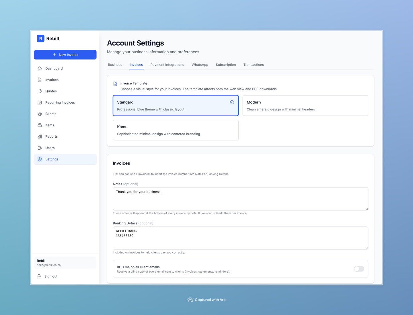 settings invoice numbering