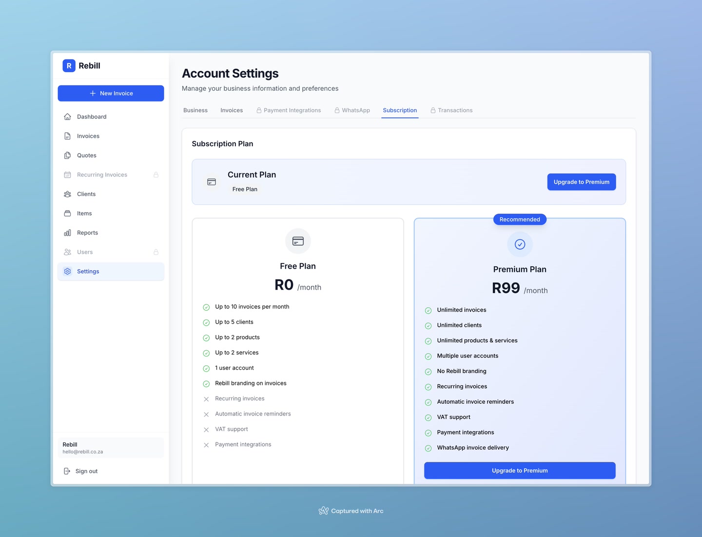 settings upgrade button